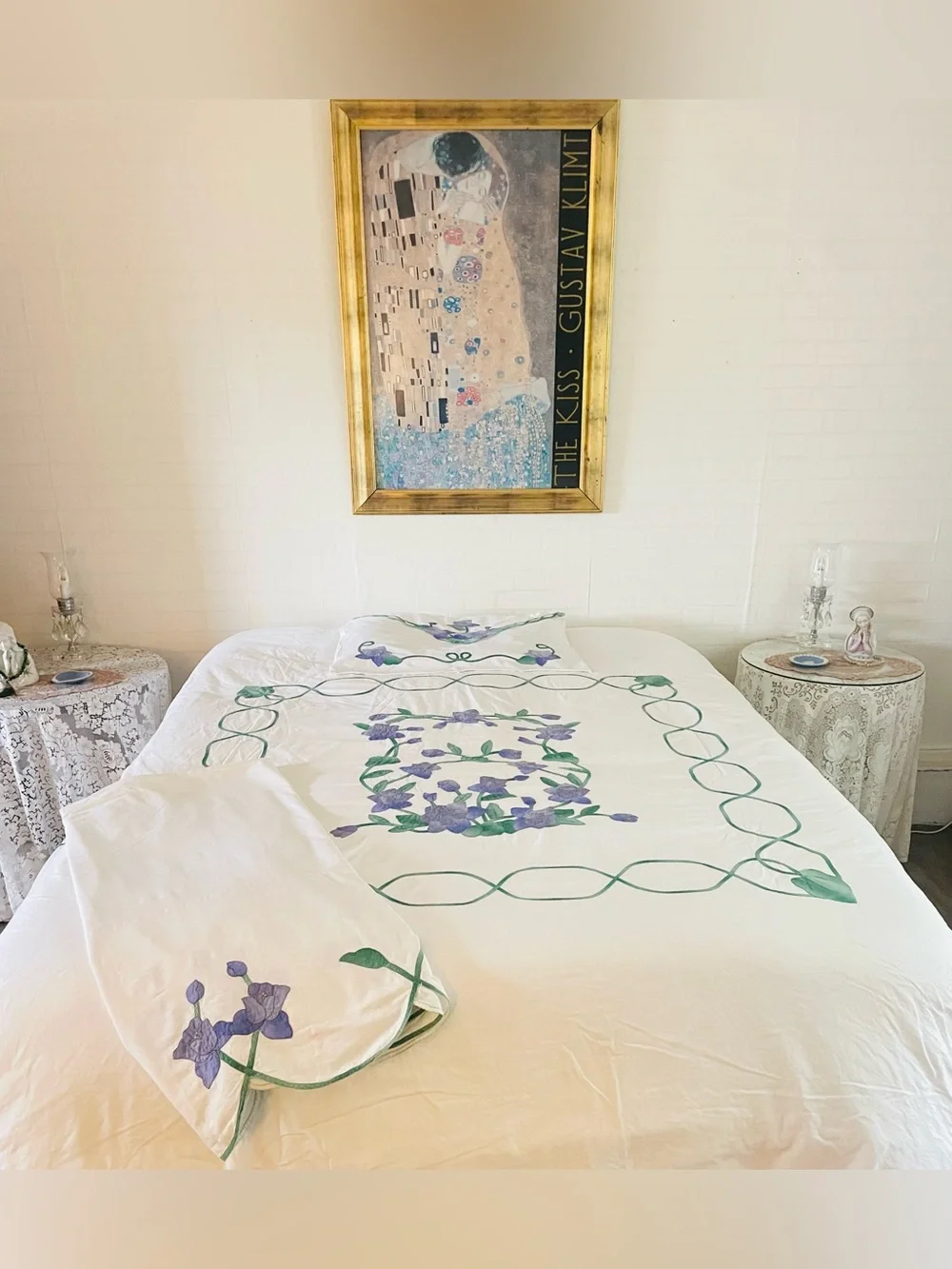 Vintage Duvet Sham Bedskirt Set Purple Iris Appliqué w Green Trellis Twin Sz